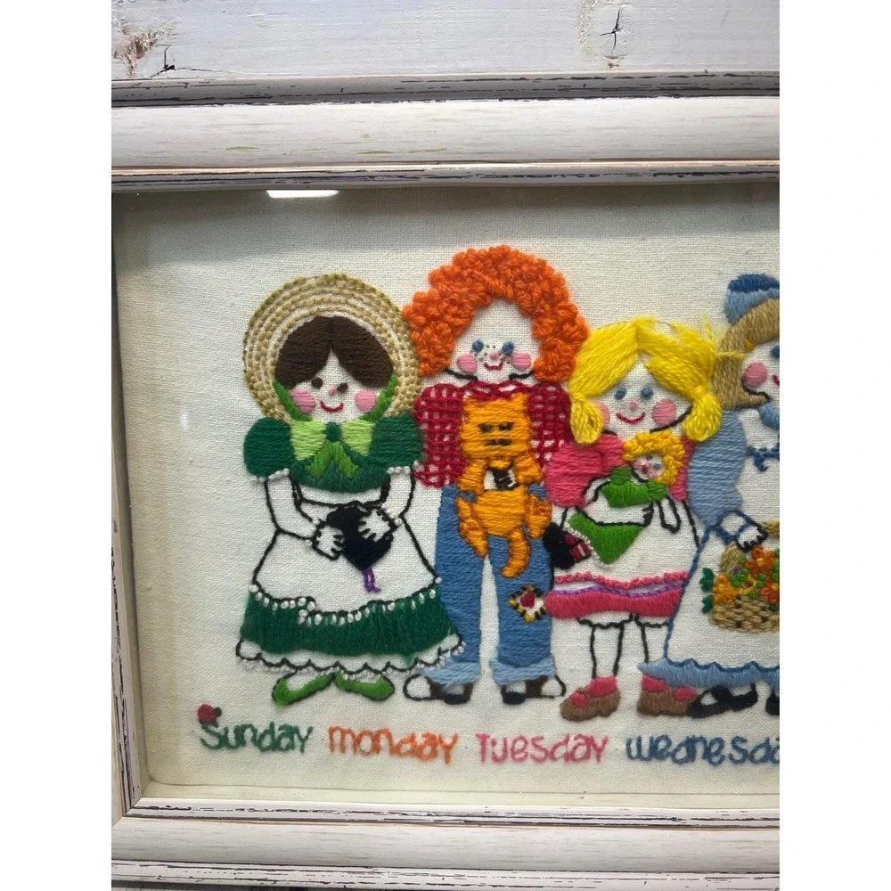 Vintage Days Of Week Embroidery Shadowbox Wall Art Needlepoint Cottagecore Decor
